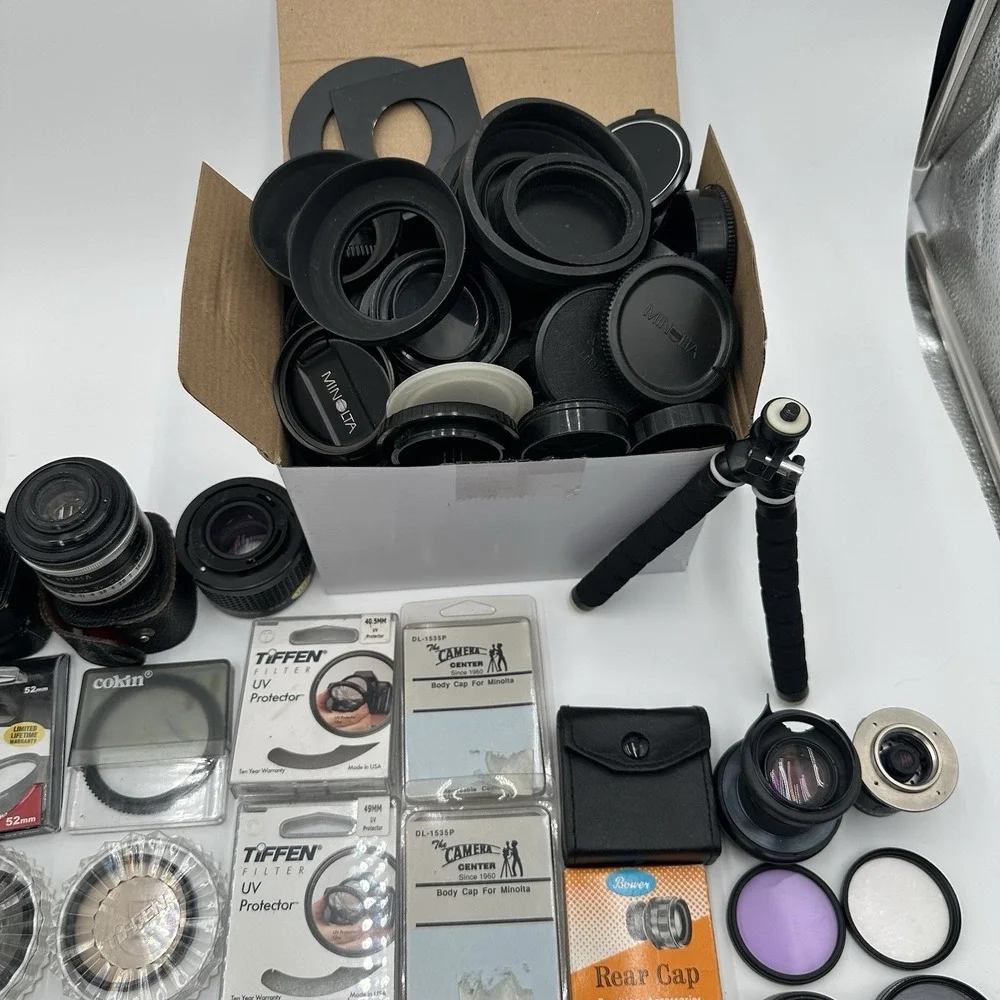 Huge Camera Lens Accessory Lot Filters Hoods Caps Tripod Kodak Flash Untested